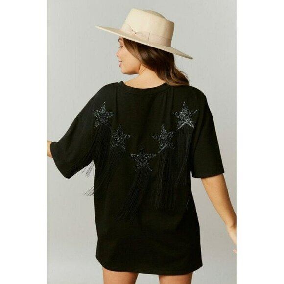 Fantastic Fawn Tops - This Ain't Texas Fringed Star Sequin Patch Tee in Black
